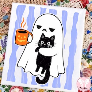 Ghost Cat PNG, Spooky Black Cat Halloween Design, Funny Introvert Coffee Lover Gift, Cute Halloween Shirt PNG, Digital Download
