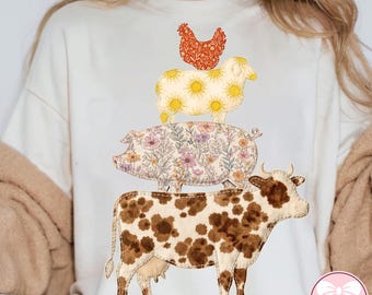 Western Cow Faux Patchwork PNG, Hen Pig Lamp PNG, Country Western Shirt Design, Farm Animal PNG, Digital Download