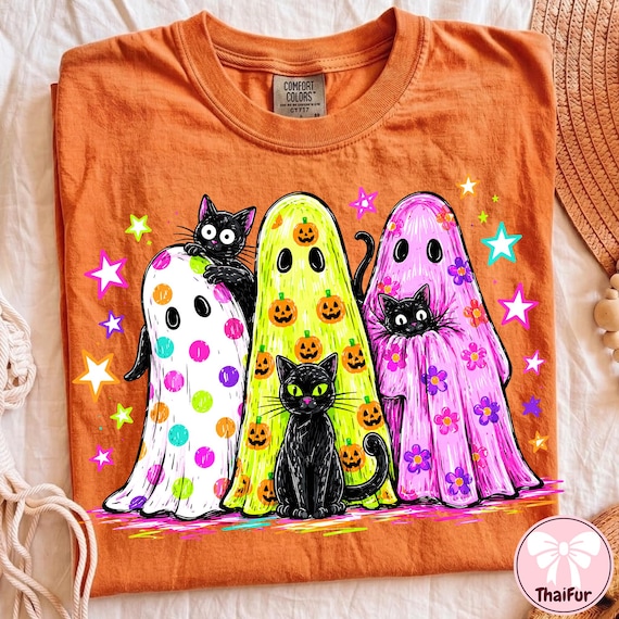 Preppy Halloween Ghost and Cat PNG, Colorful Leopard Ghost PNG, Glitter Tee Design, Viral Preppy Girly Ghost PNG, Black Cat Clipart