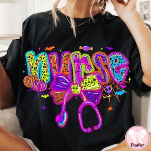 Autumn Nurse PNG, Halloween Pumpkin Nurse Graphic, Neon Lace Nursing Design, Cute Medical Worker Shirt, Fall Sublimation Png
