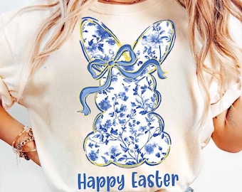 Happy Easter PNG, Blue Floral Chinoiserie Bunny Png, Grand Millennial Easter Png, Blue Toile Easter Rabbit Png, Easter Coquette Png