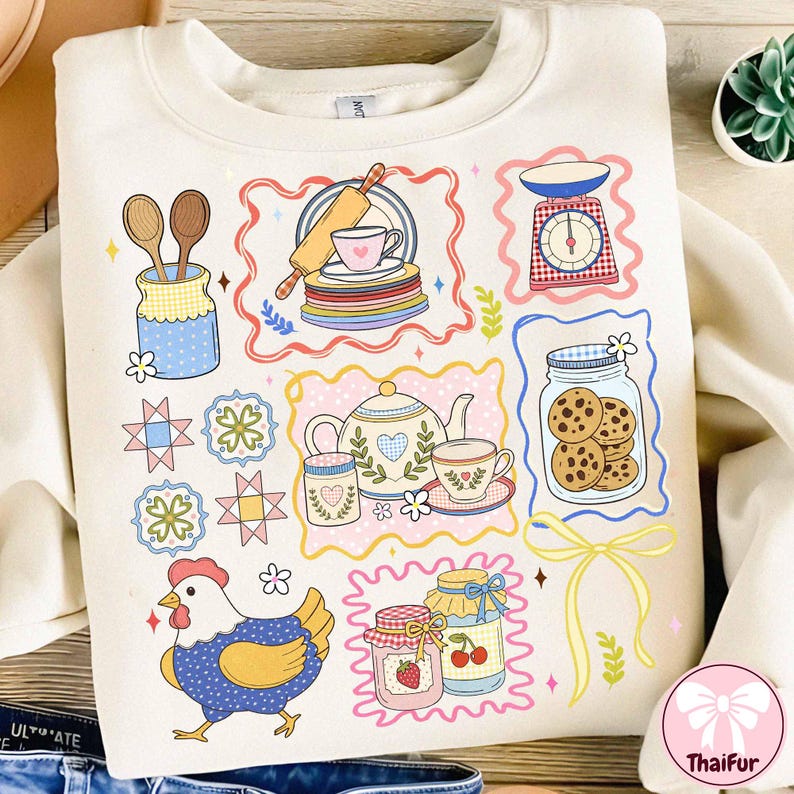 May include: A cream-coloured sweatshirt with a colourful, whimsical design of kitchen-themed illustrations. The design includes a scale, cookies in a jar, a teapot, and a chicken. The artwork is framed in decorative borders.