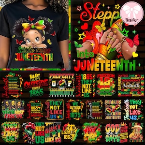 May include: Black t-shirt with a graphic of a cartoon girl with a bow, butterflies, and the text "little miss JUNETEENTH." The image also includes various Juneteenth-themed designs and text.