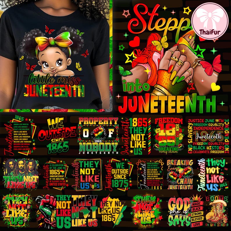 May include: Black t-shirt with a graphic of a cartoon girl with a bow, butterflies, and the text "little miss JUNETEENTH." The image also includes various Juneteenth-themed designs and text.