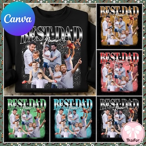 May include: Black sweatshirt with a graphic that says "BEST DAD" in silver lettering, with a photo collage of a man and children. The word "Name" is below "BEST DAD". Additional designs with the same graphic are also shown.