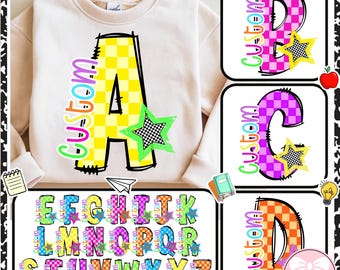 Custom Name Preppy Neon Alphabets School Bundle PNG, Personalize Name PNG Checkered Star Letter of Name Design, Trendy Personalized Name png