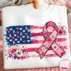 Pink Ribbon Breast Cancer PNG, American Flag Awareness Design, Coquette Breast Cancer Shirt Graphic, Tackle Cancer PNG, Instant Download