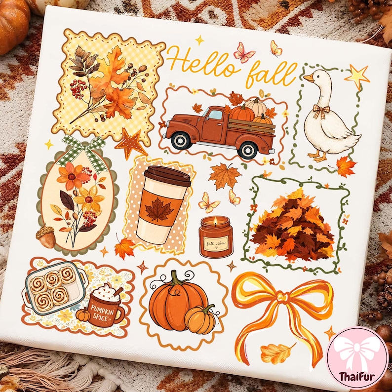 May include: A white rectangular sign featuring colorful autumn-themed illustrations including a red truck, a goose, a coffee cup, pumpkins, a pile of leaves, cinnamon rolls, a candle, and a bow, with the text Hello fall written in orange script.