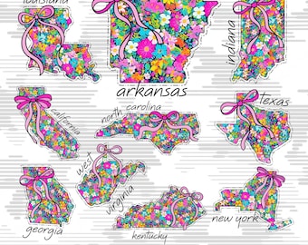 BUNDLE Floral Coquette State Png , Retro State Png, Floral Texas Png, Trendy Girly Shirt Design, Coquette Bow State Shirt Design