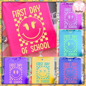Smiley Neon Checkered First Day Of School Bundle Png, Smiley Png, Preppy Back To School Png, Sublimation, Neon School Png, Retro Teacher Png