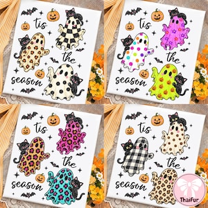 Tis The Season Ghost Bundle PNG、チェック柄ヒョウ柄水玉模様のゴーストデザイン、パンプキンパッチハロウィンPNG、秋のシャツグラフィック、デジタルダウンロード