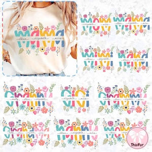 May include: A white t-shirt with a colorful floral design that says "Mama" with the names "Ethan", "Elizabeth", and "Miles" underneath.