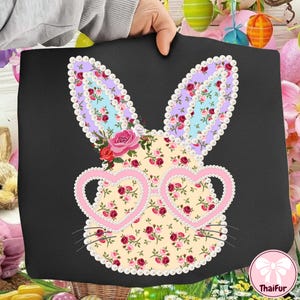 Blommig kanin lapptäcke PNG, Boho Cottagecore påsk PNG, Pärlor Gingham lapptäcke kanin, Trendig vårpåsk PNG, Digital fil