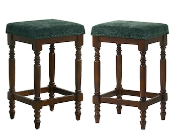 Rustic Walnut Counter Stools (Set of 2): Farmhouse Kitchen Bar Chairs