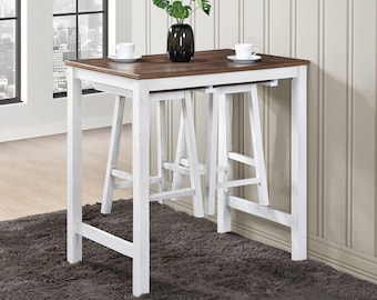 3-Pcs Space-Saving Pub Dining Set, Counter Height Table with 2  Stools, Solid Wood, Modern Farmhouse Style for Small Spaces, Kitchen