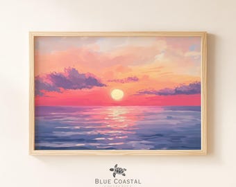 Beautiful Sunset Painting Pastel Ocean Print Sunset Art Print Summer Ocean Landscape Pink Sky Art Print Waves Art Coastal Wall Decor