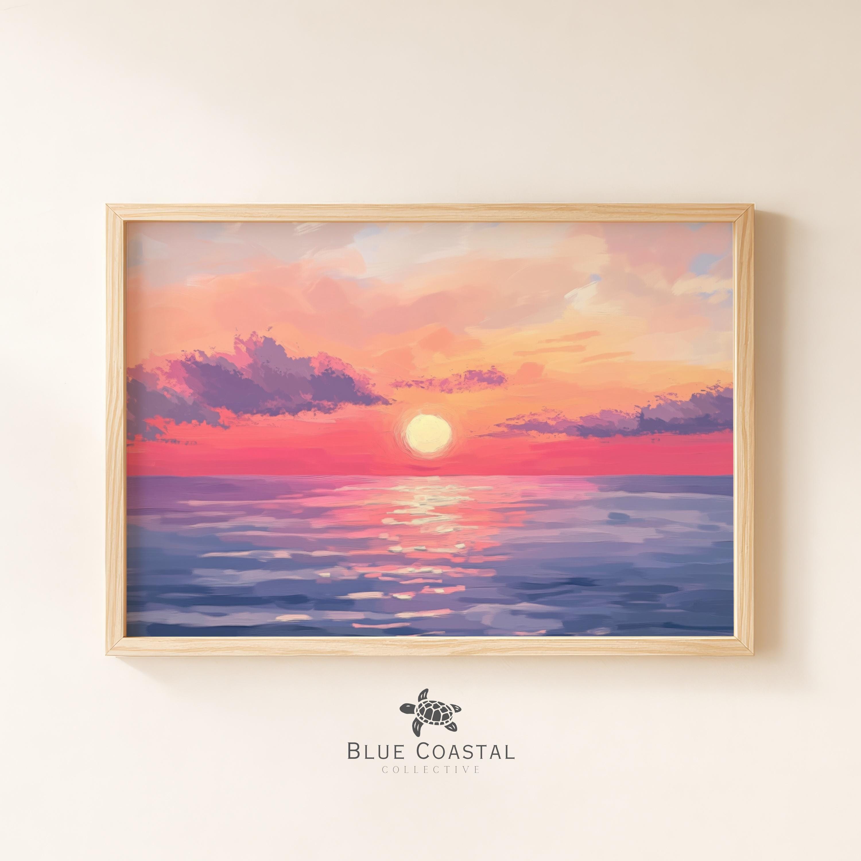 美しい夕日の絵画 パステル 海のプリント 夕日のアートプリント 夏の海