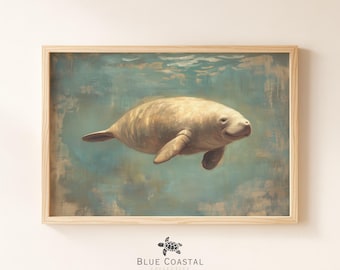 Baby Seekuh Gemälde Strand Haus Dekor Kinderzimmer Dekor Florida Kunstwerk Marine Leben Wand Kunst Ozean Gemälde Vintage Seekuh Druck