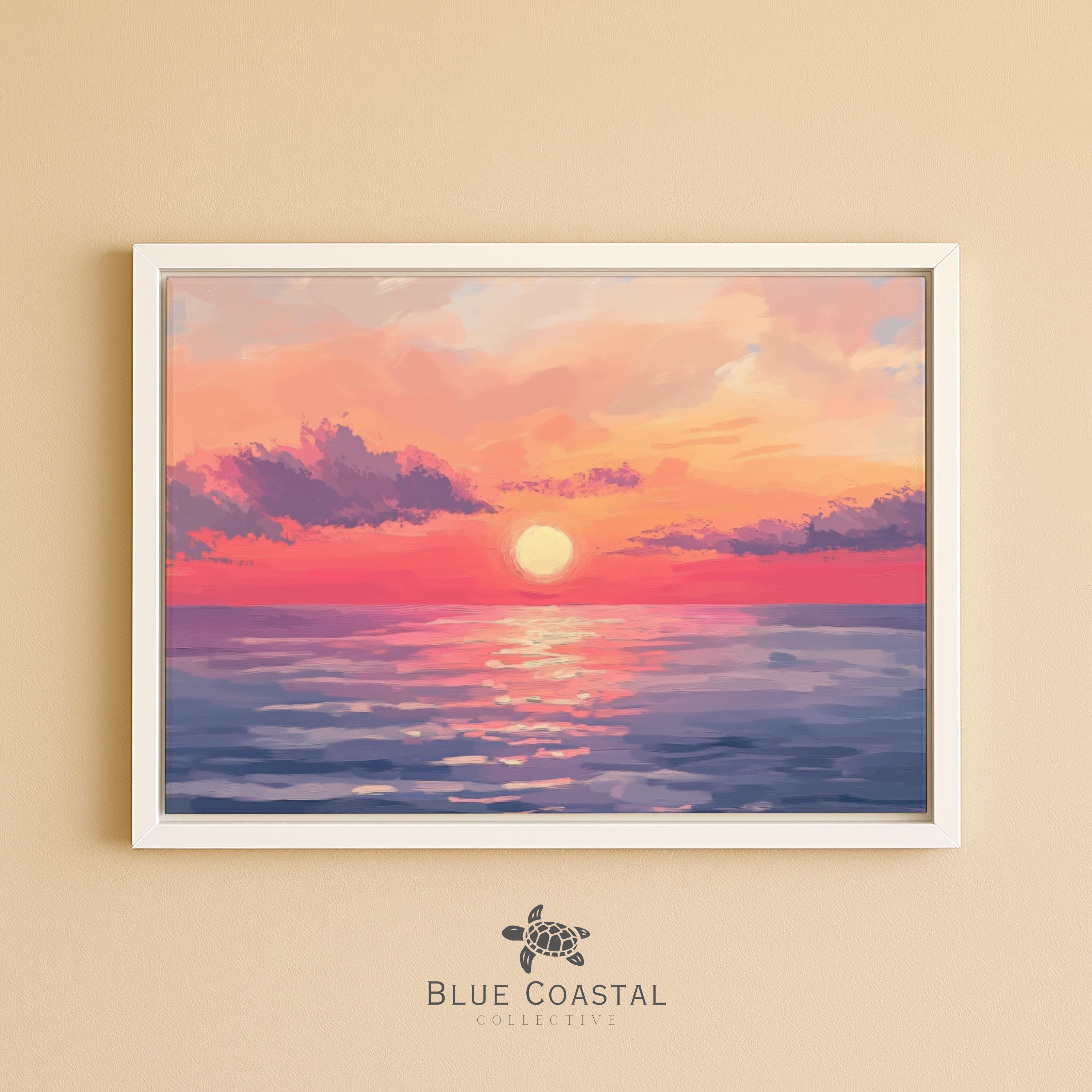 Framed Sunset Wall Art Pink Sky Canvas Ocean Painting Wave Art