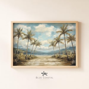 Vintage Tropical Beach Print Coastal Beach Painting Palm Tree Print Beach House Decor Hawaiian Coast Wall Art Tropical Ocean Wall Art