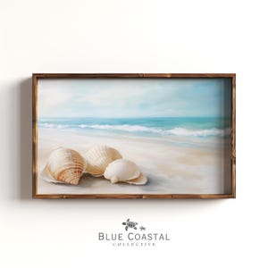 Seashell Art Print Three Shells Conch Scallop Clam Teal Ocean Sand Coastal Bathroom Wall Decor Neutral Beach Cottage Bedroom Nautical View