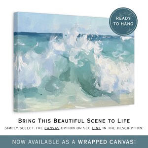 The image is an abstract painting depicting a beautiful scene of a crashing wave against a light blue background.