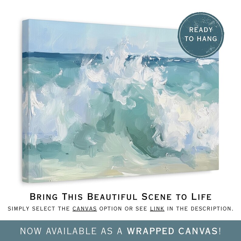 The image is an abstract painting depicting a beautiful scene of a crashing wave against a light blue background.