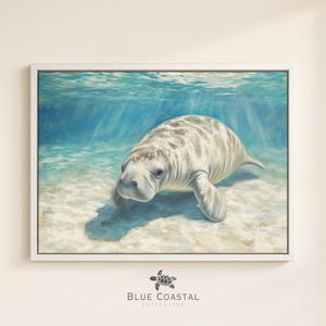 Framed Sea Life Print Manatee Painting Ocean Theme Decor Sea Life Picture Manatee Art Canvas Framed Florida Wall Decor Large Beach House Art