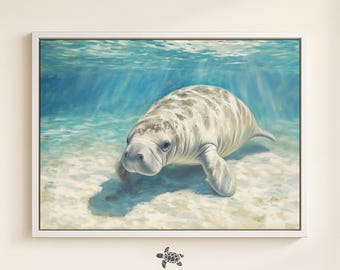 Impresión enmarcada de vida marina, pintura de manatí, decoración con temática oceánica, imagen de vida marina, arte de manatí, lienzo enmarcado, decoración de pared de Florida, arte de casa de playa grande