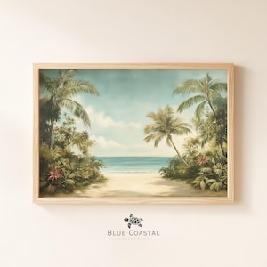 Antique Tropical Beach Print Palm Tree Print Hawaiian Coast Wall Art Tropical Wall Art Boho Coastal Ocean Painting Beach House Decor