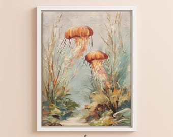 Framed Ocean Artwork Pink Coastal Decor Framed Ocean Painting Bathroom Art Canvas Tropical Painting Underwater Wall Art Jellyfish Canvas Sea