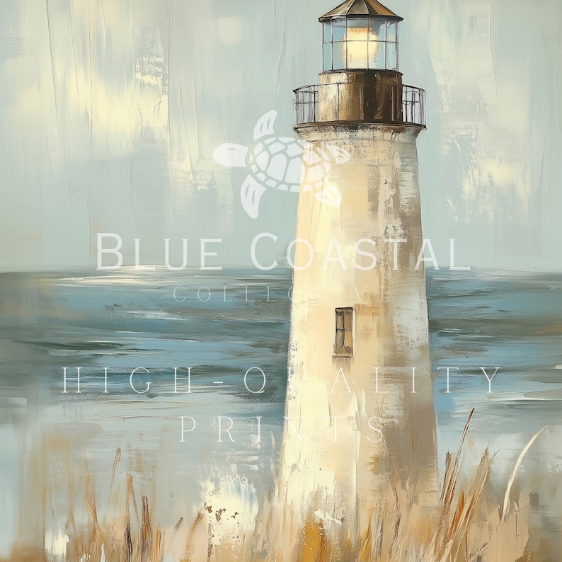 a painting of a lighthouse with the words blue coastal on it