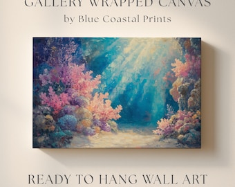 Può includere: Stampa su tela con cornice che raffigura una scena sottomarina con coralli e luce solare. L'opera d'arte, di Blue Coastal Prints, utilizza blu, rosa e giallo. Il testo sulla tela recita "READY TO HANG WALL ART".