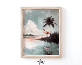 Flamingo Painting Vintage Palm Tree Art Coastal Print Beach Painting Landscape Beach House Decor Coastal Bathroom Print Florida Decor