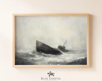 Estampado náutico vintage de naufragio, decoración costera para el hogar, lámina de arte marítimo melancólico, pintura de paisaje marino, arte mural náutico, pintura de mar tormentoso para papá
