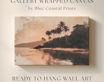 Tropical Island Art Print Sunset Beach Picture Hawaii Palm Tree Wall Art Vintage Ocean Artwork Tropical Palm Tree Art Canvas Sunset Picture