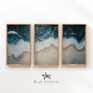 Triptyque de peinture imprimable vague bleue, lot de 3 impressions vintage de peinture côtière, vagues de l'océan, art mural plage de sable, décoration de maison de mauvaise humeur