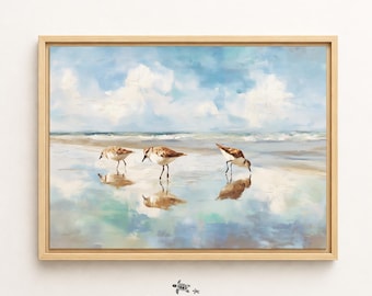 Framed Canvas Sandpiper Wall Art Beach Painting Framed Florida Artwork Blue Beach Print for Beach House Sandpiper Coastal Bird Print Canvas