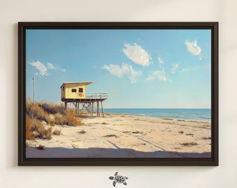 Framed Lifeguard Tower Print on Canvas California Painting Newport Beach Surf Artwork Lifeguard Stand Wall Art Coastal Home Decor Beach Art
