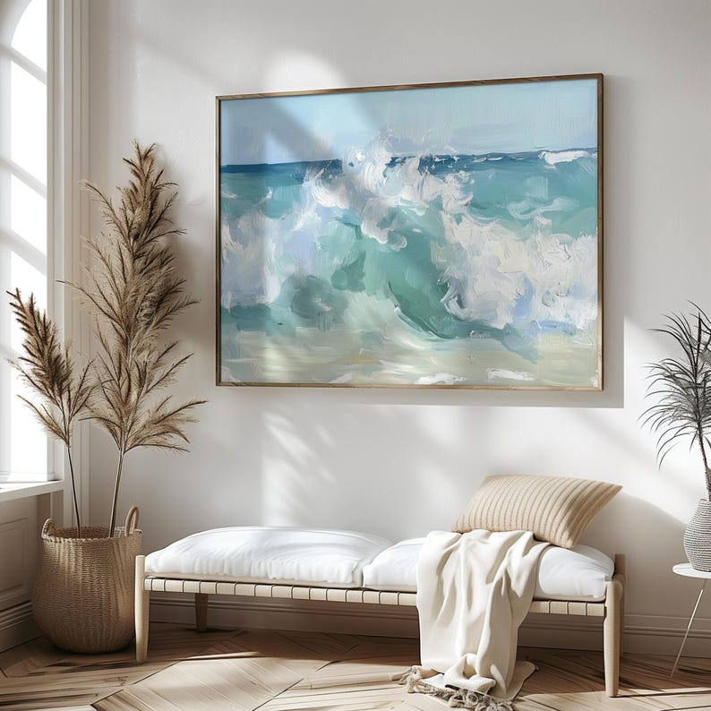 a living room with a couch and a painting on the wall