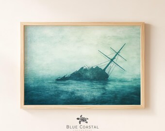 Vintage Shipwreck Art Print Maritime Art Print Coastal Home Decor Stormy Sea Painting Moody Nautical Wall Art Antique Seascape Wall Art