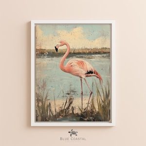 Framed Flamingo Portrait Painting Pink Wall Art for Beach Decor Vintage Painting Pink Flamingo Wall Art Beach House Wall Hanging Pink Canvas