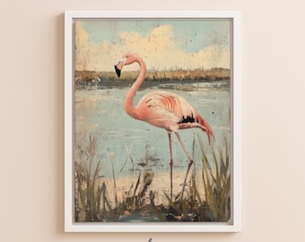 Framed Flamingo Portrait Painting Pink Wall Art for Beach Decor Vintage Painting Pink Flamingo Wall Art Beach House Wall Hanging Pink Canvas
