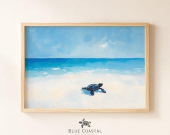 Cute Baby Turtle Painting Ocean Themed Nursery Decor Vintage Coastal Beach Wall Art Hawaiian Beach Wall Art Adorable Sea Turtle Print