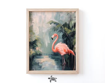 Flamingo Painting Vintage Tropical Wall Art Beach Painting Landscape Coastal Wall Art Florida Decor Coastal Bathroom Print Beach House Decor