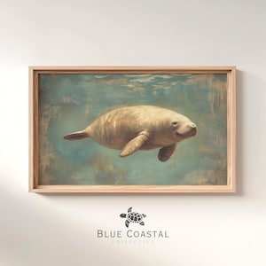 Printable Baby Manatee Painting Sea Animal Nursery Decor Beach Decor Marine Art Ocean Painting Vintage Manatee Print Florida Artwork