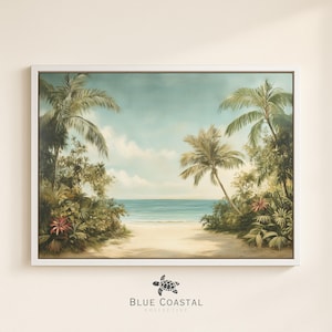 Framed Canvas Tropical Beach Painting Hawaii Wall Art Vintage Palm Tree Art Print Large Canvas Tropical Wall Art for Beach Bathroom Decor