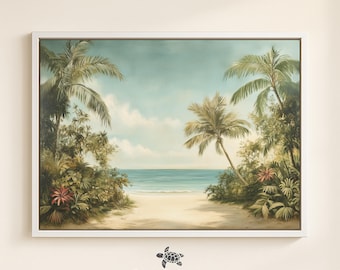 Framed Canvas Tropical Beach Painting Hawaii Wall Art Vintage Palm Tree Art Print Large Canvas Tropical Wall Art for Beach Bathroom Decor