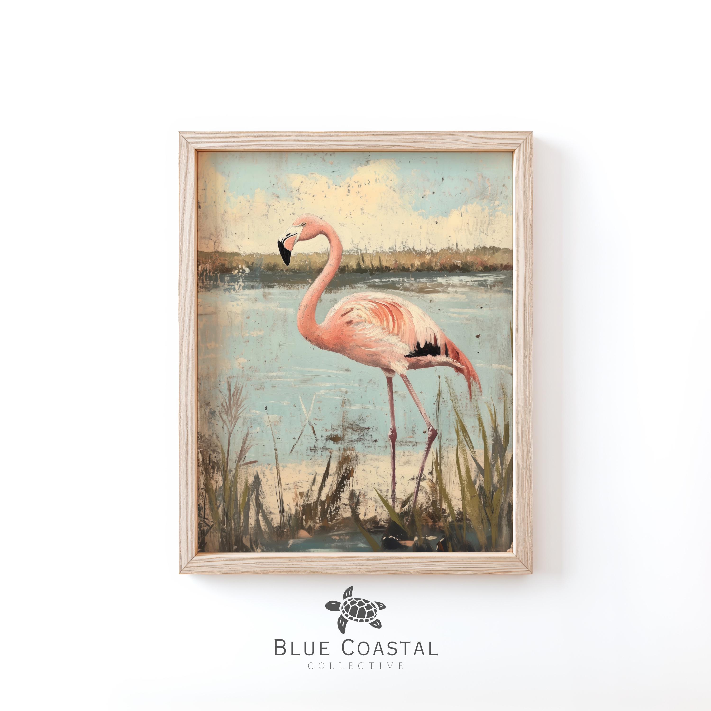 Florida Flamingo Painting Beach Painting Landscape Tropical Coastal Wall Art Beach House Decor Coastal Bathroom Print Flamingo Wall Art