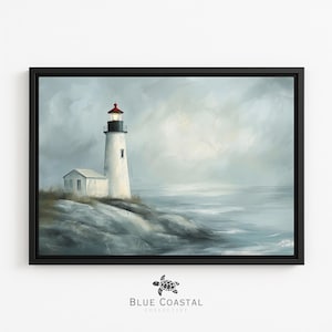 Framed Lighthouse Canvas Blue Coastal Print Nautical Landscape Art Lighthouse Picture for Bathroom Beach Canvas Blue and White Artwork Ocean